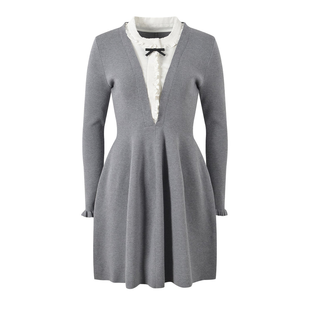 Laila Dress - Figure - Enhancing Silhouette - Elegant Layered Look - Deep V - Neck With Bow Accent - Frilled Cuffs & Bow