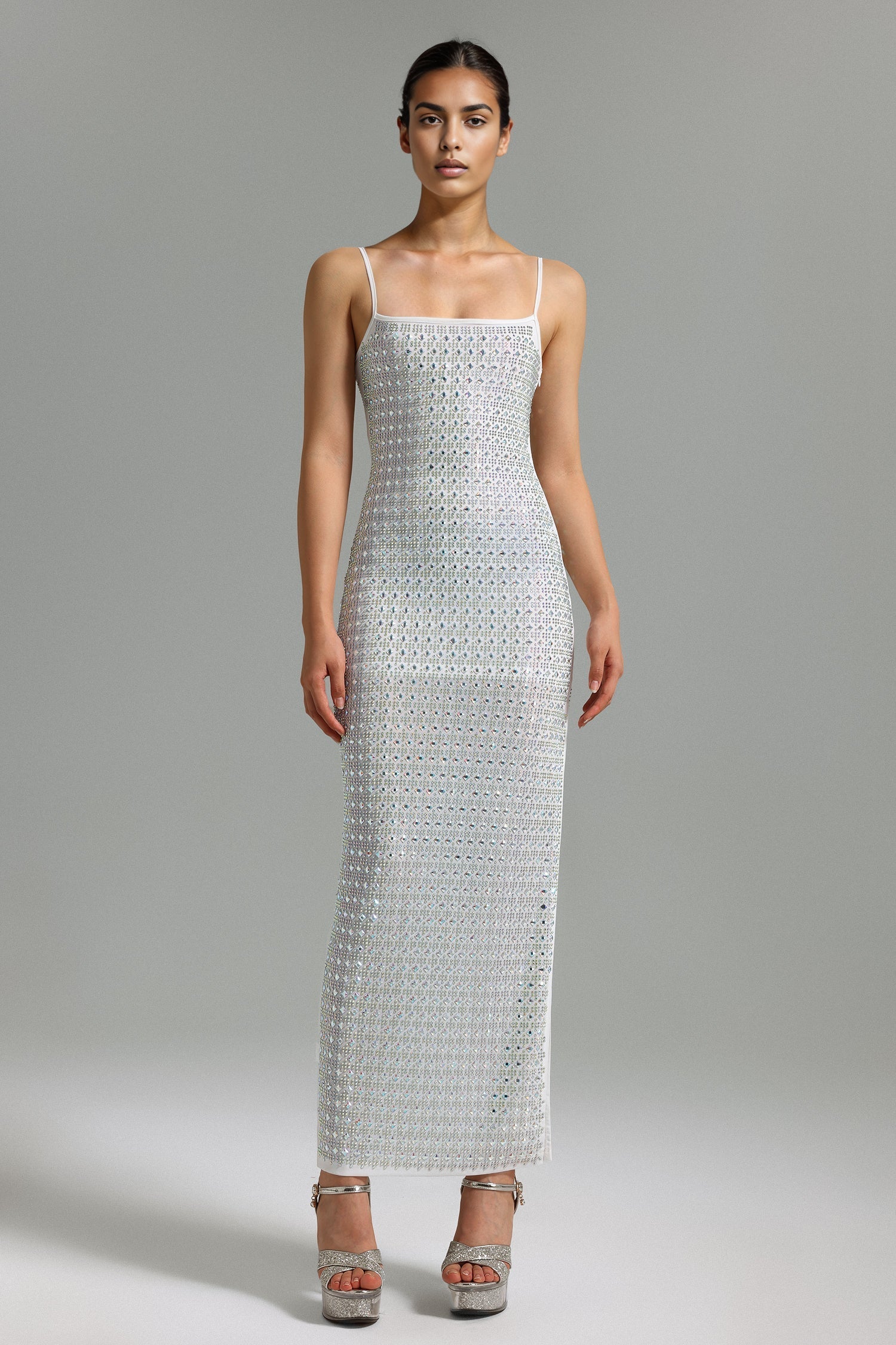Laila White Halter Maxi Dress with Diamante Detailing for Evening Events