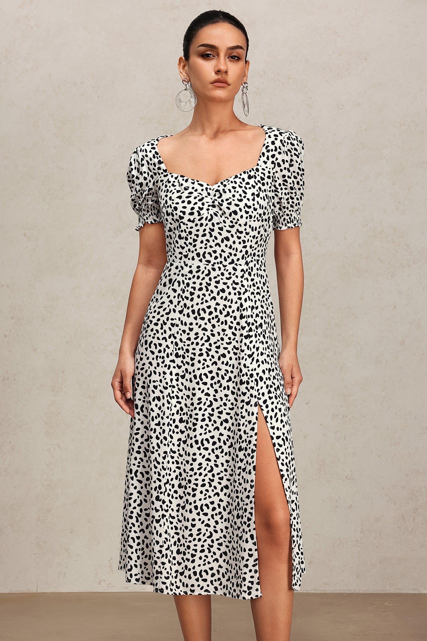 Laila White Midi Dress with Square Neckline and Puff Sleeves