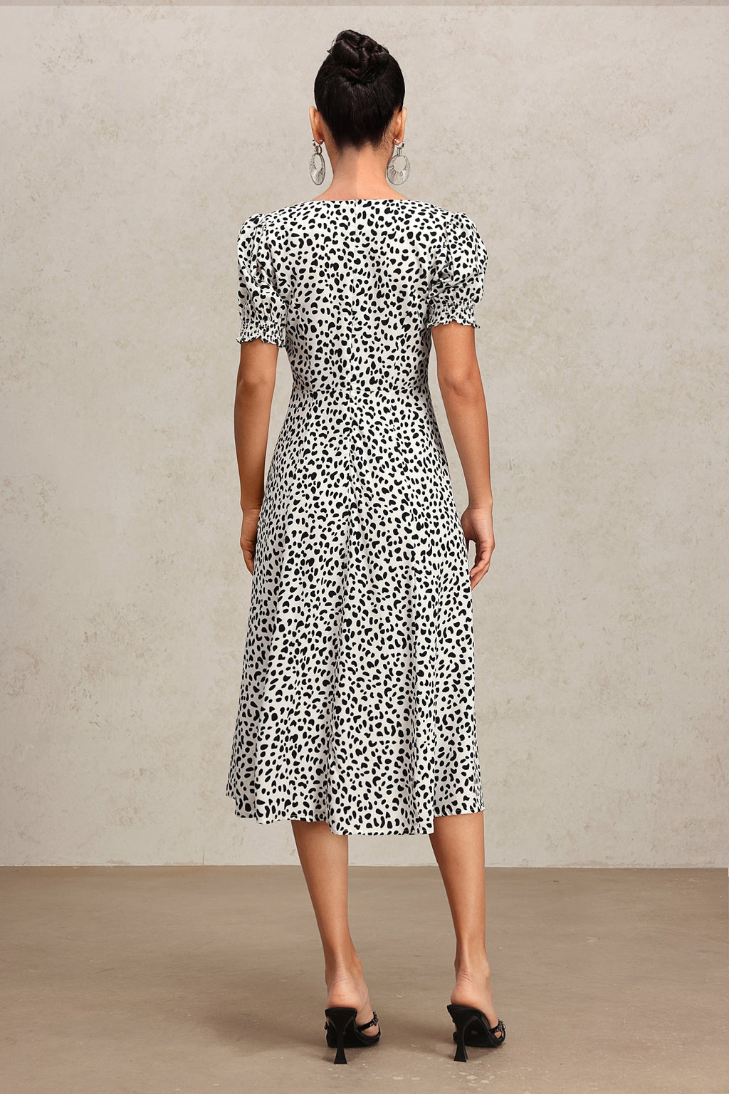Laila White Midi Dress Square Neckline Puff Sleeves Eye-Catching Print Daring Slit Versatile Staple