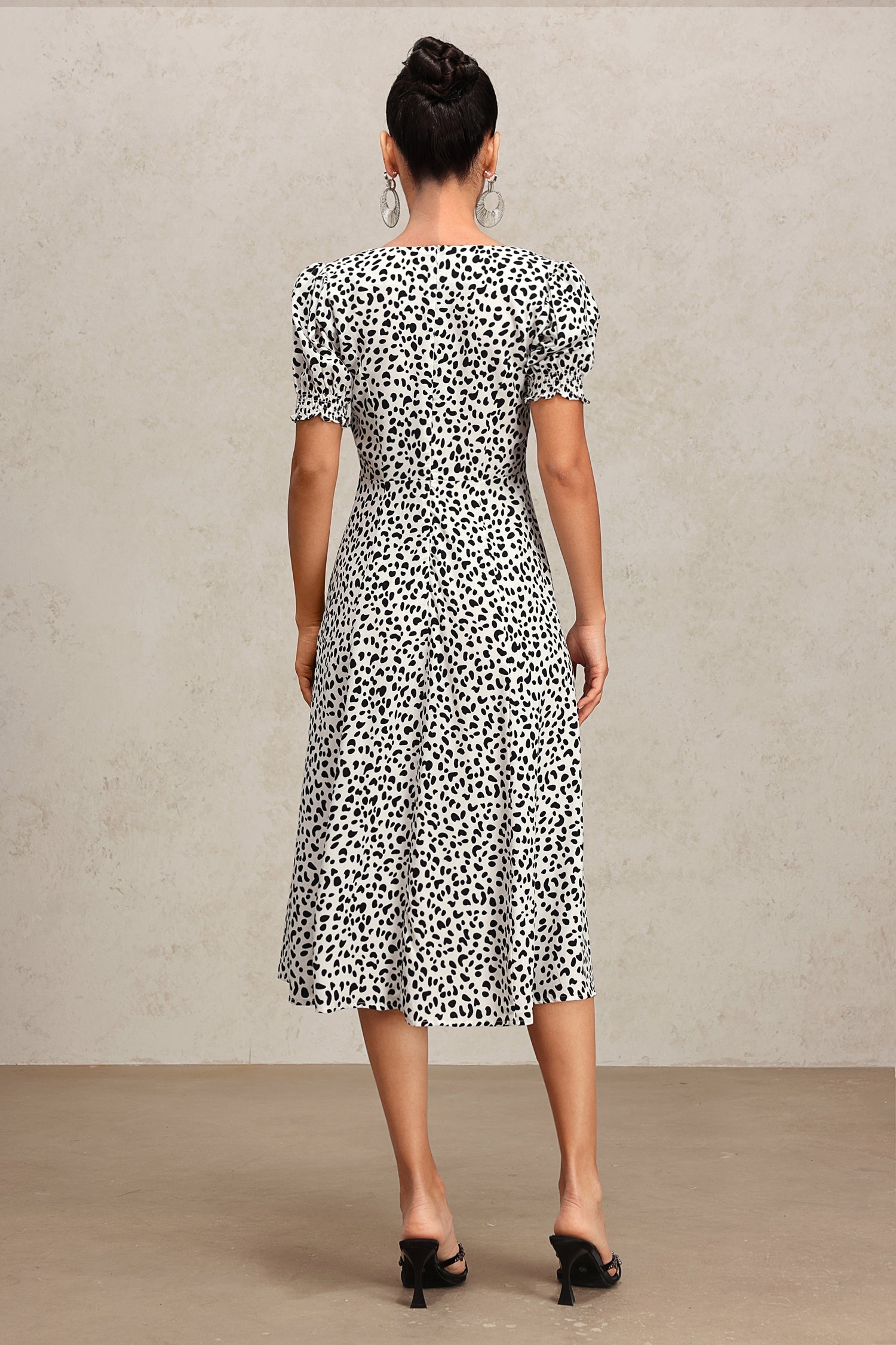 Laila White Midi Dress Square Neckline Puff Sleeves Eye-Catching Print Daring Slit Versatile Staple