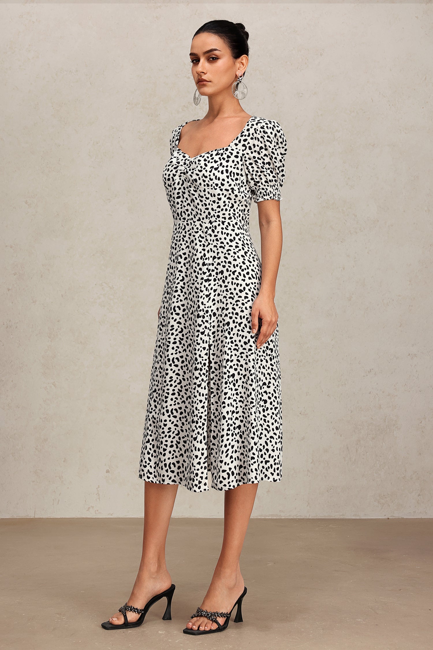 Laila White Square Neckline Puff Sleeve Midi Dress with Eye-Catching Print and Skirt Slit