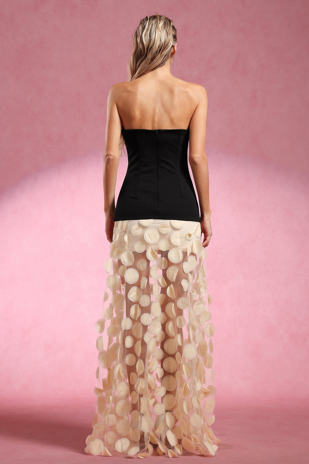 Lainey Beige Strapless Maxi Dress with Intricate Detailing