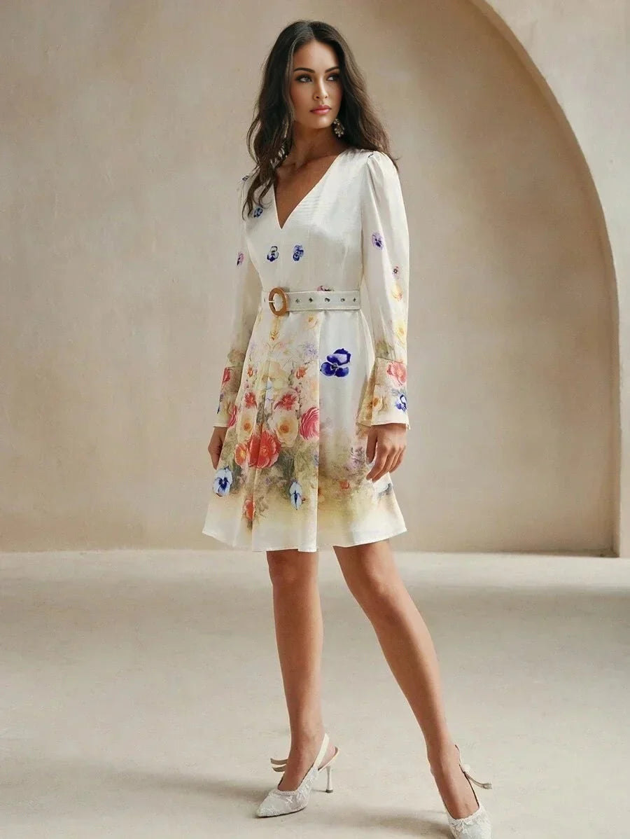 This charming white dress features a delicate floral print in vibrant shades of pink and blue, accentuating its feminine.