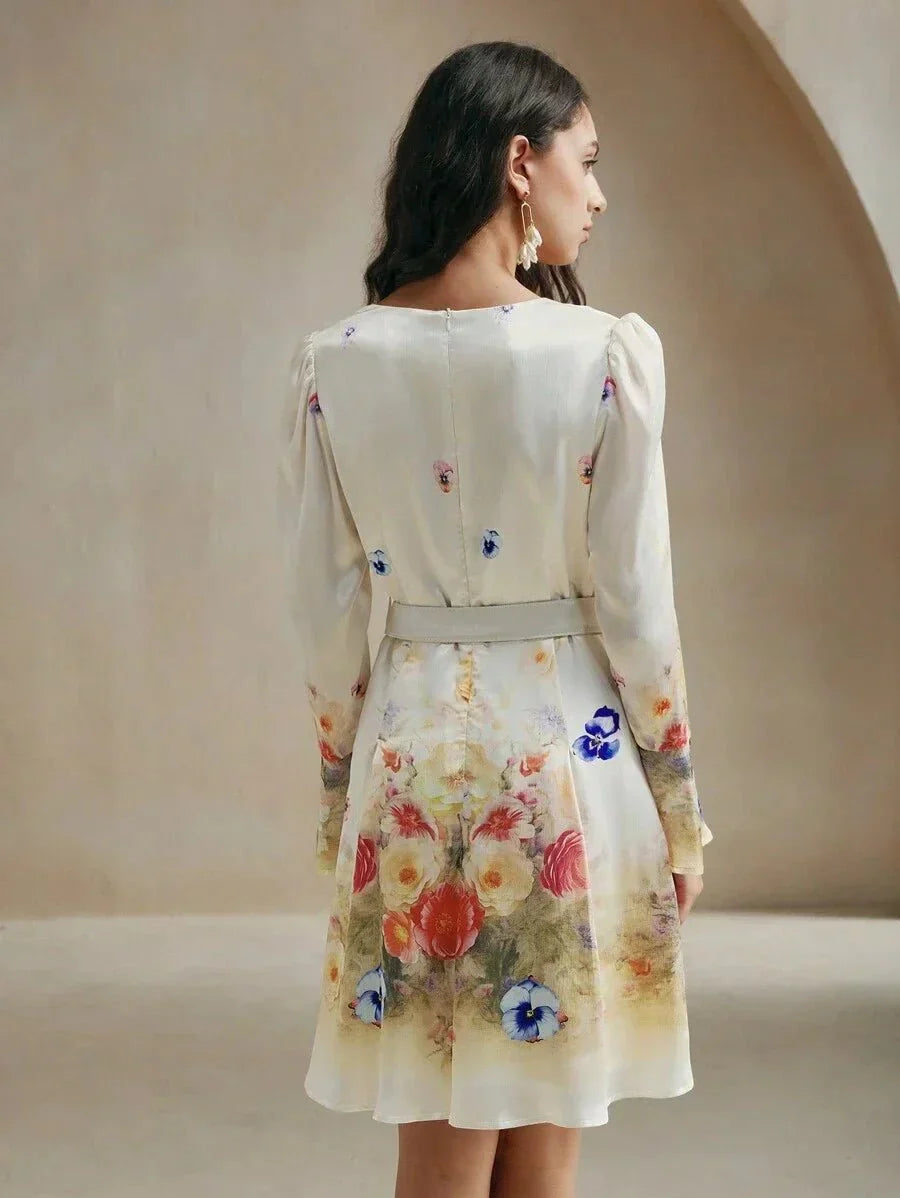 This elegant cream dress features a floral design in vibrant hues, creating a romantic and whimsical vibe. With a fitted.