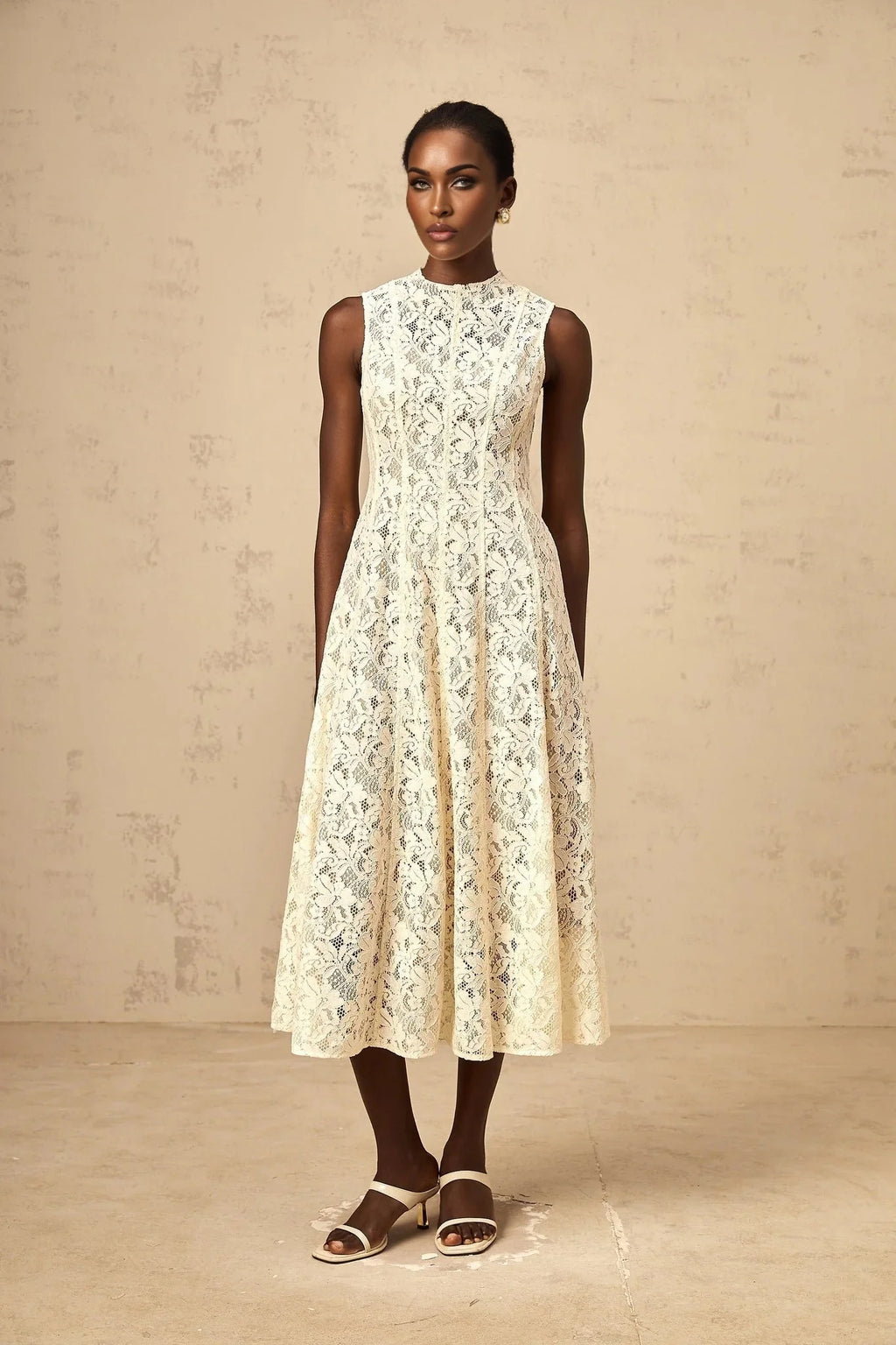 Lainey Midi Dress Beige Floral - Lace Flared Hem