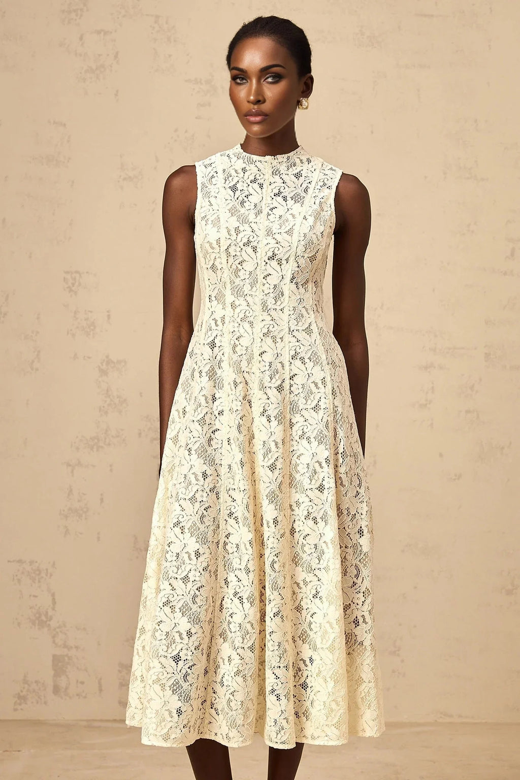 Lainey Midi Dress Beige Floral - Lace Flared Hem