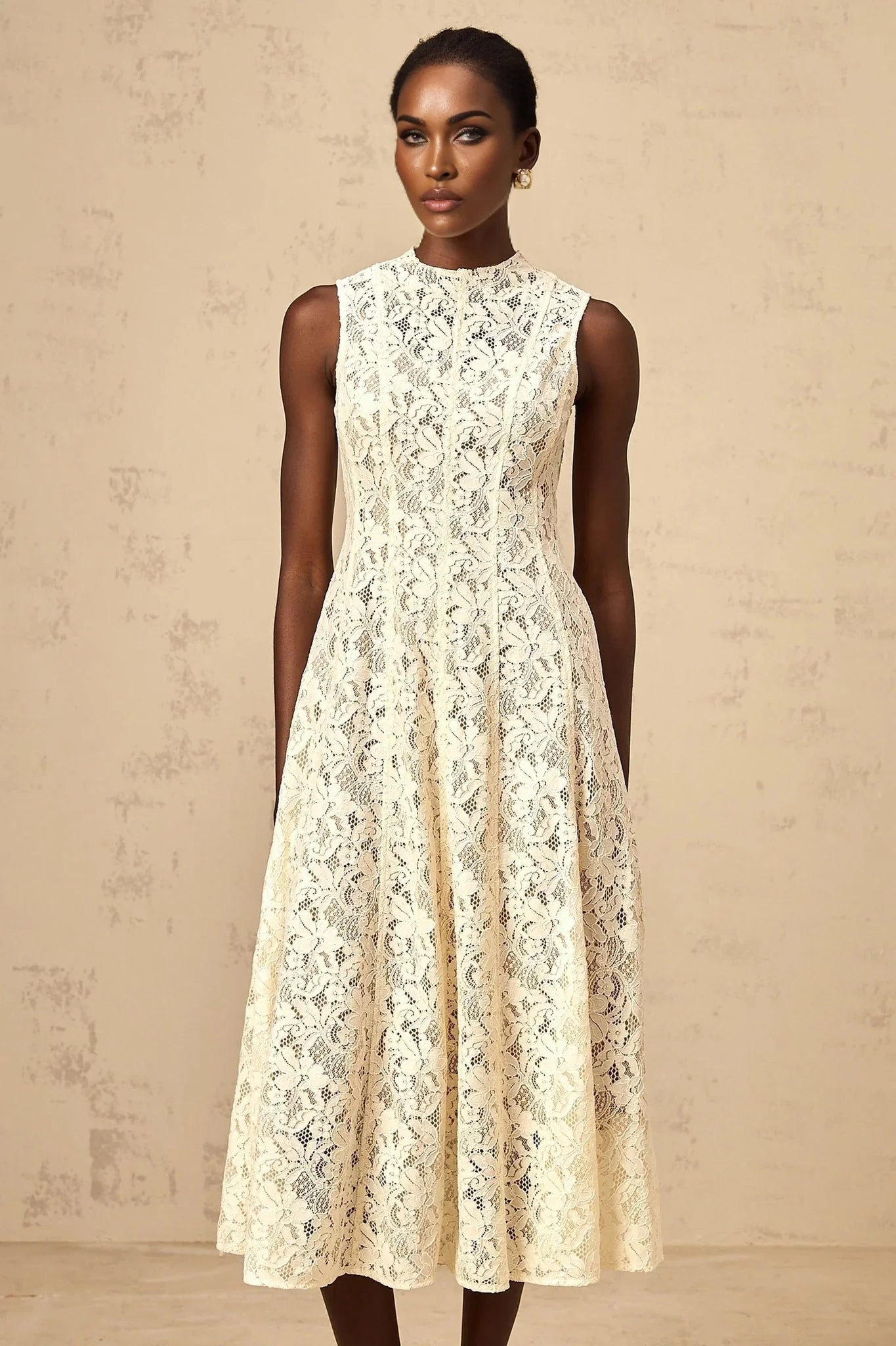 Lainey Midi Dress Beige Floral - Lace Flared Hem