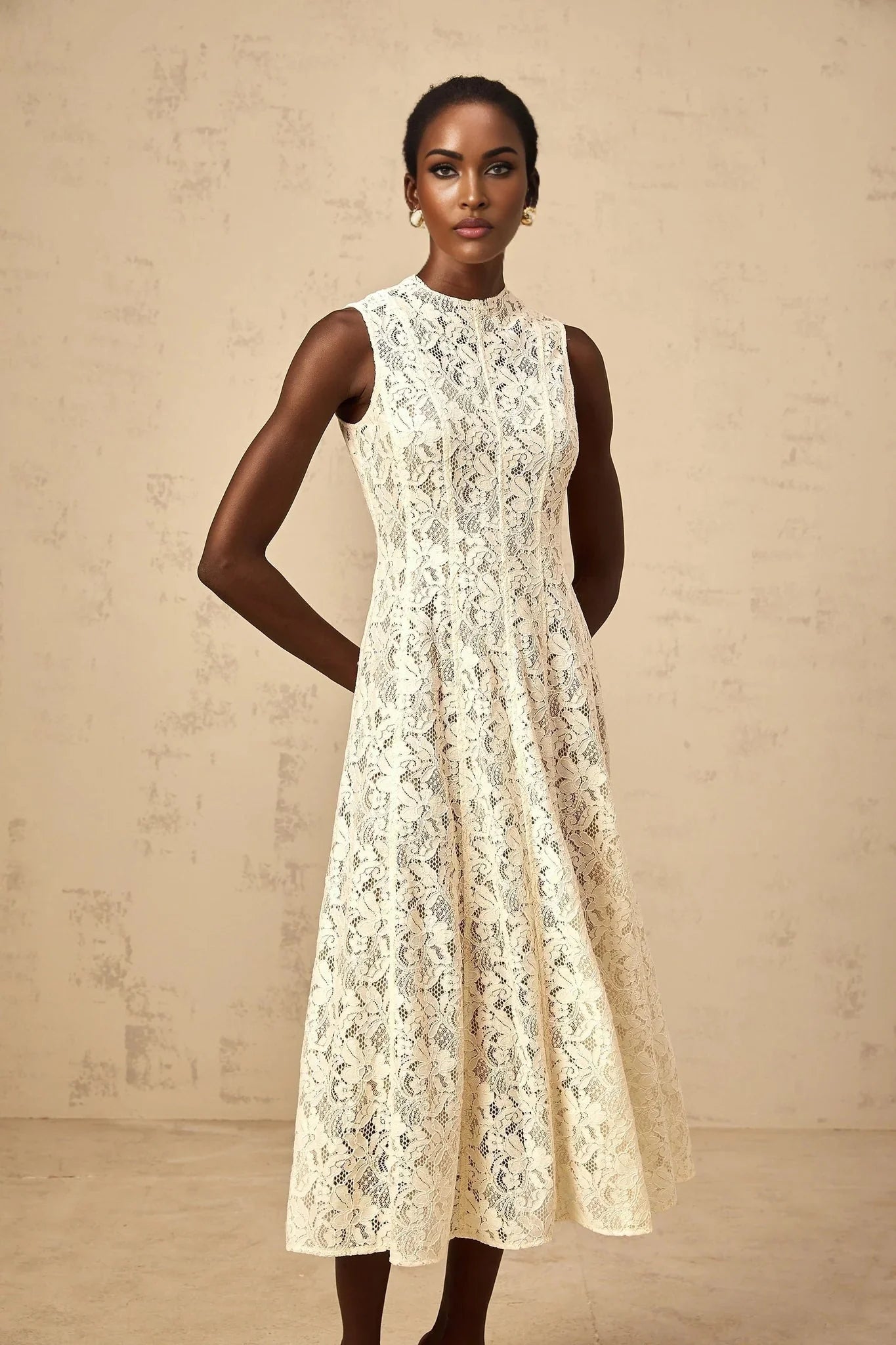 Lainey Midi Dress Beige Floral - Lace Flared Hem