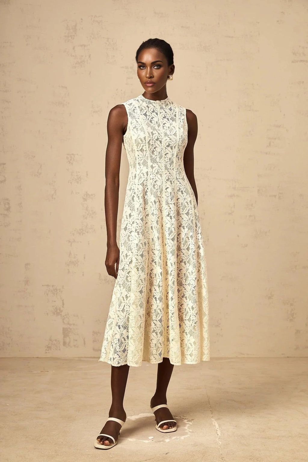 Lainey Midi Dress Beige Floral - Lace Flared Hem