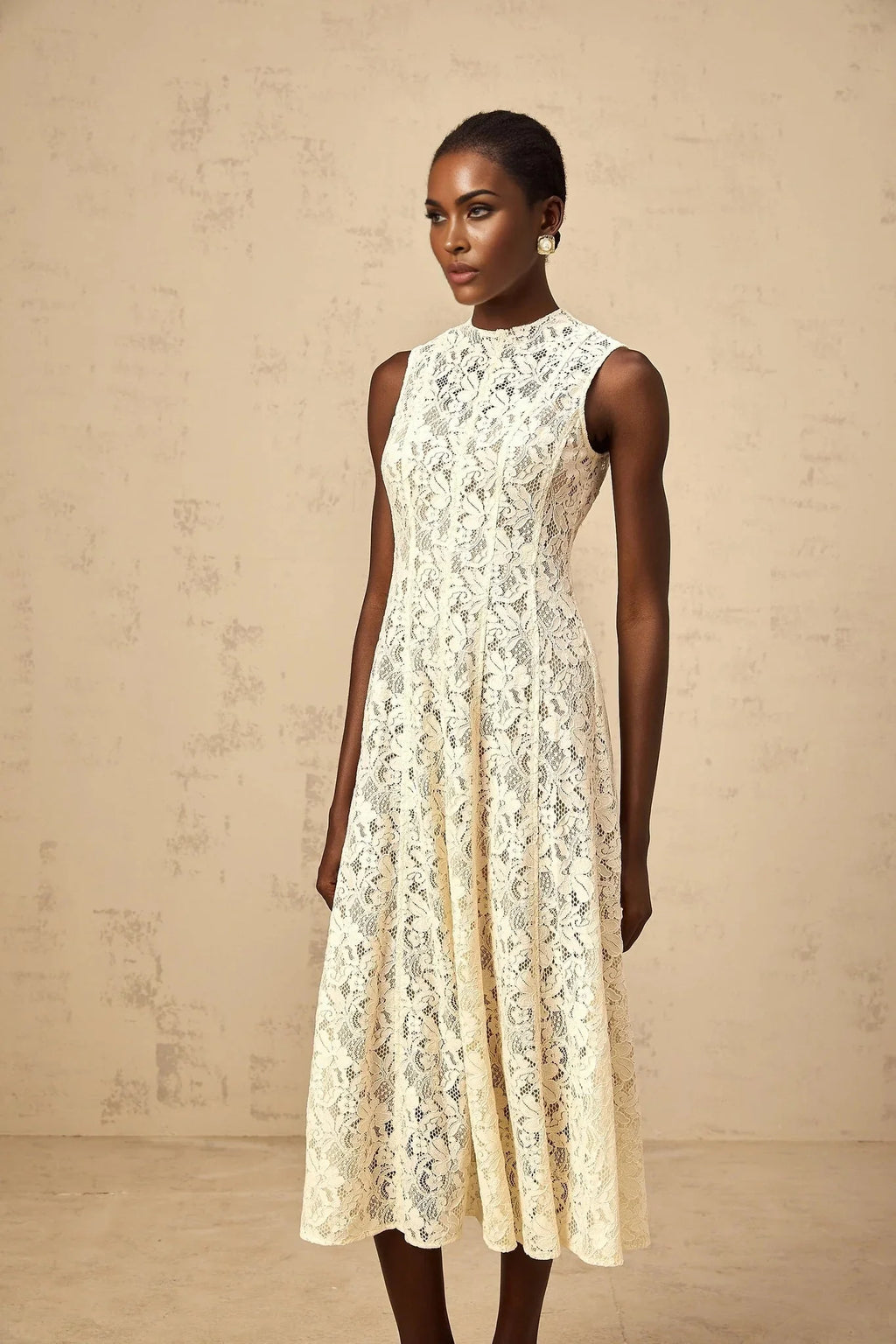 Lainey Midi Dress Beige Floral - Lace Flared Hem