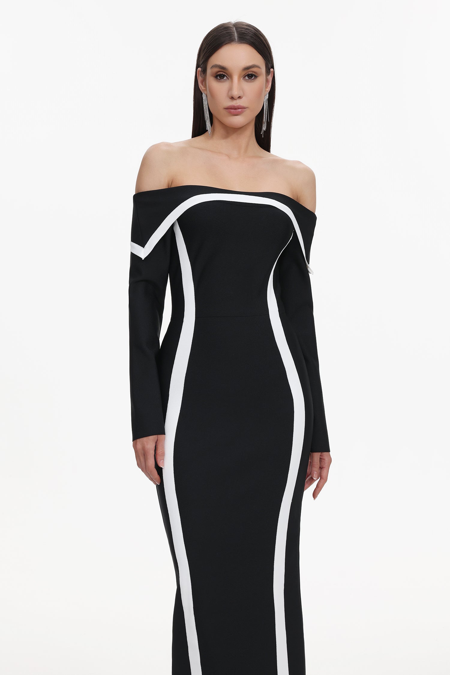 Lana Black Maxi Dress with Off-the-Shoulder Design and Bold Contrasting Lines