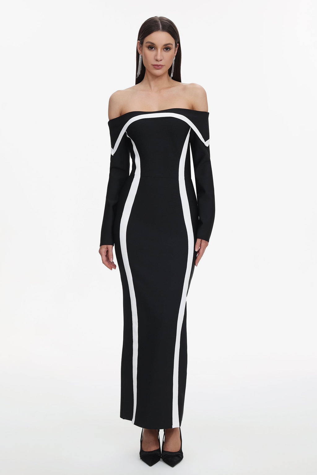 Lana Black Off-Shoulder Maxi Dress with Contrasting Lines and Fitted Bodice