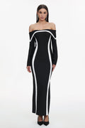 Lana Black Off-Shoulder Maxi Dress with Contrasting Lines and Fitted Bodice