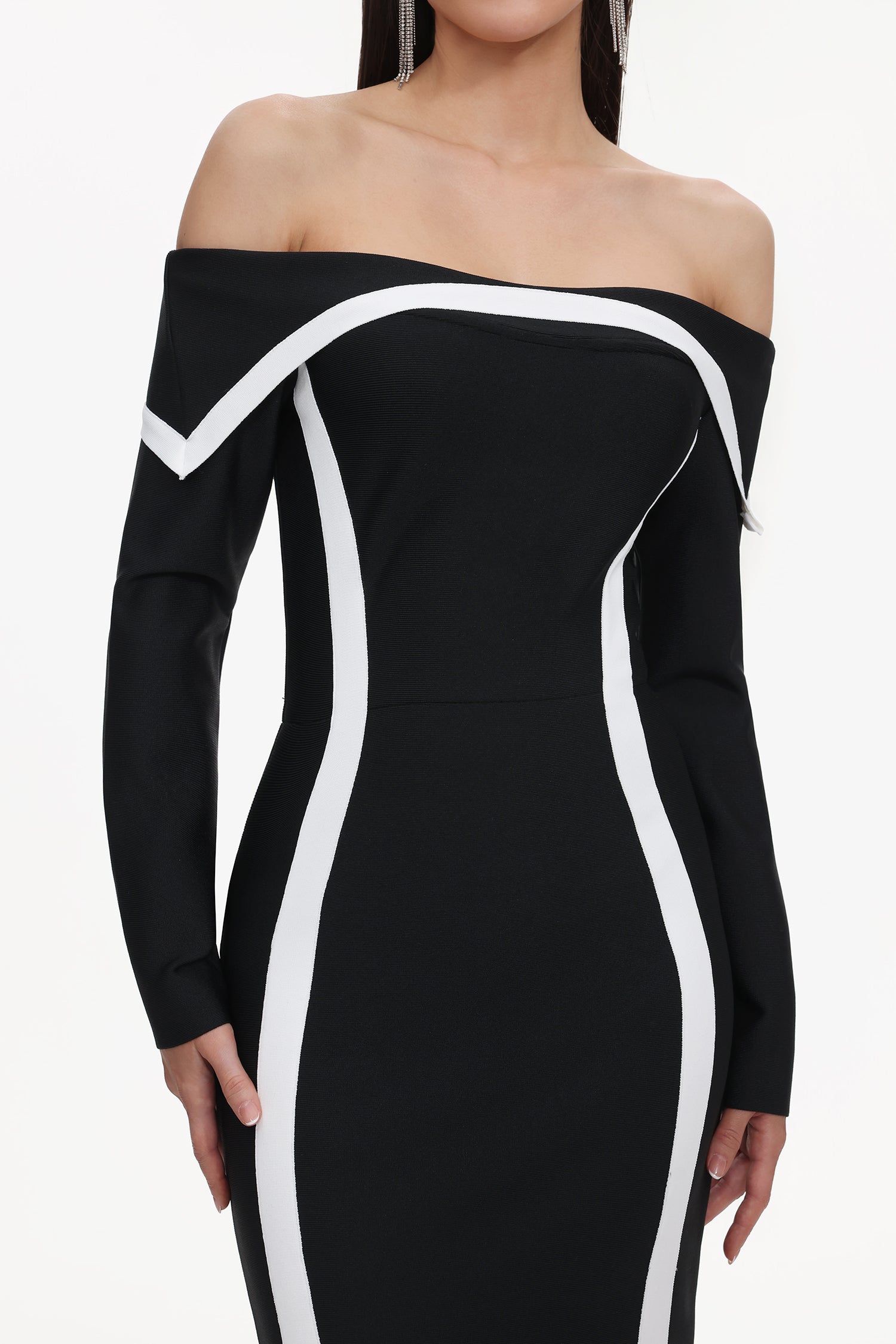 Lana Black Off-Shoulder Maxi Dress with Long Sleeves and Contrasting Lines