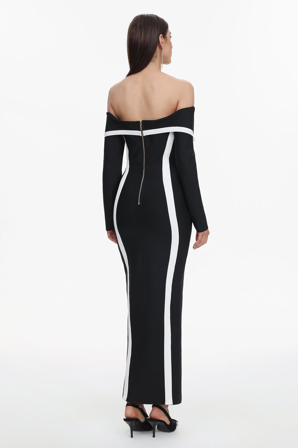 Lana Black Off-Shoulder Maxi Dress with Long Sleeves and Contrasting Lines