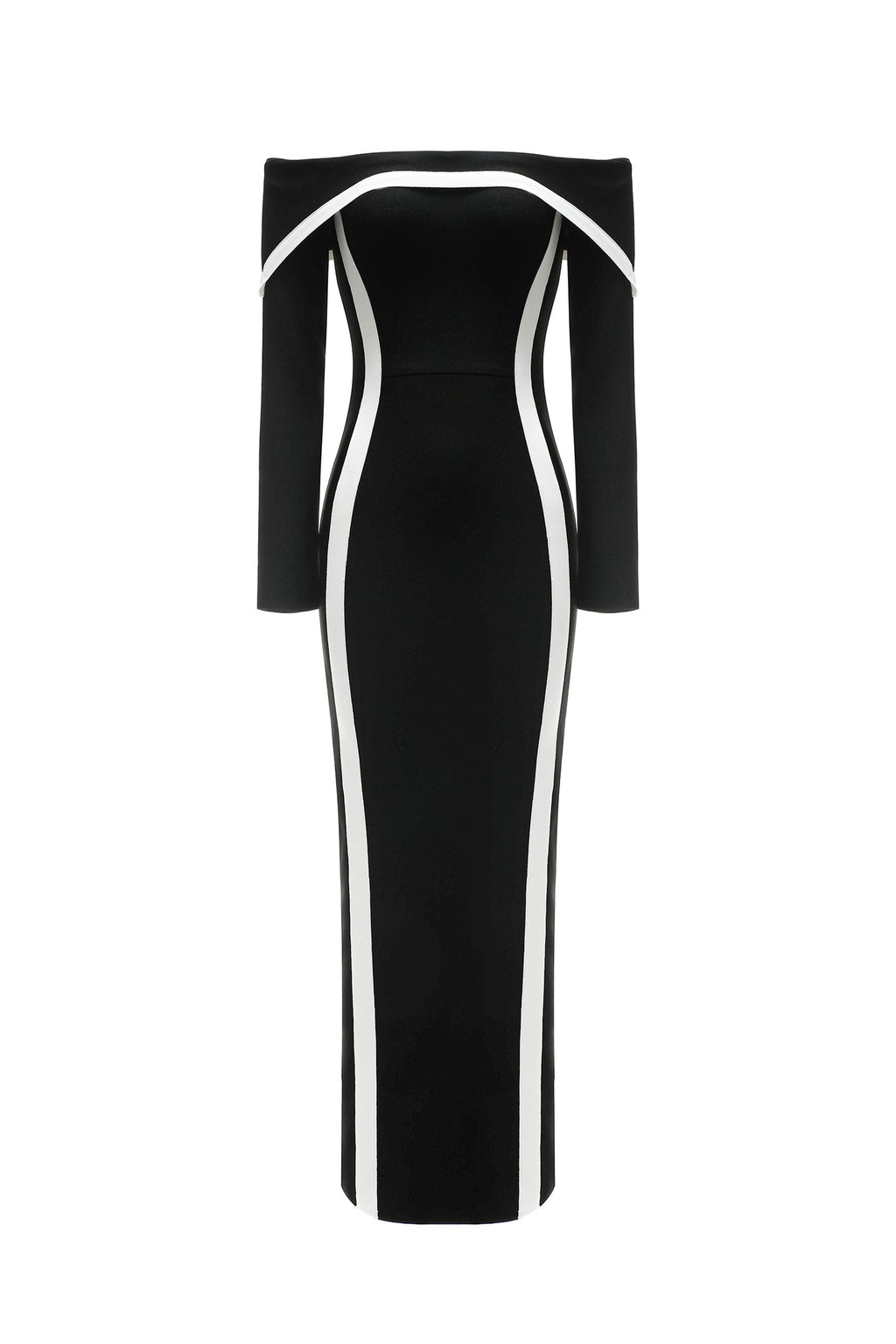Lana Black Off-The-Shoulder Maxi Dress with Contrasting Lines and Fitted Bodice