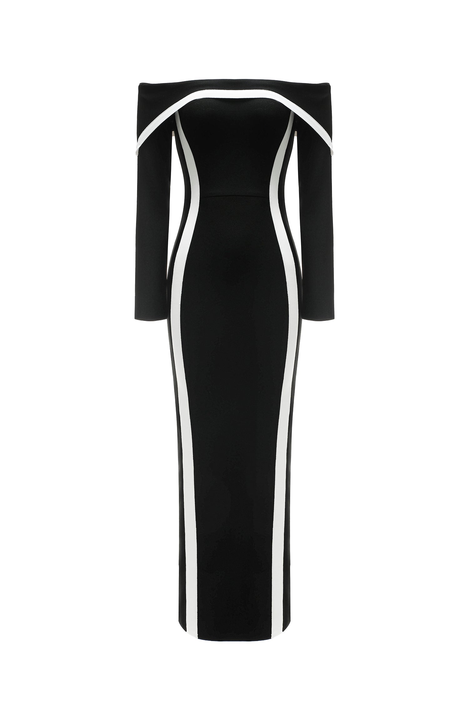 Lana Black Off-The-Shoulder Maxi Dress with Contrasting Lines and Fitted Bodice