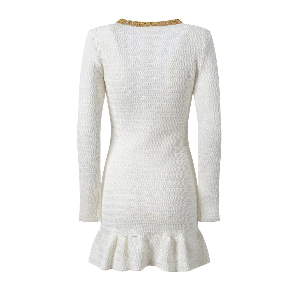 Lana Dress - Fitted Silhouette With Flared Hem - Long - Sleeve Design - Tailored Fit - Elegant Embellished Details