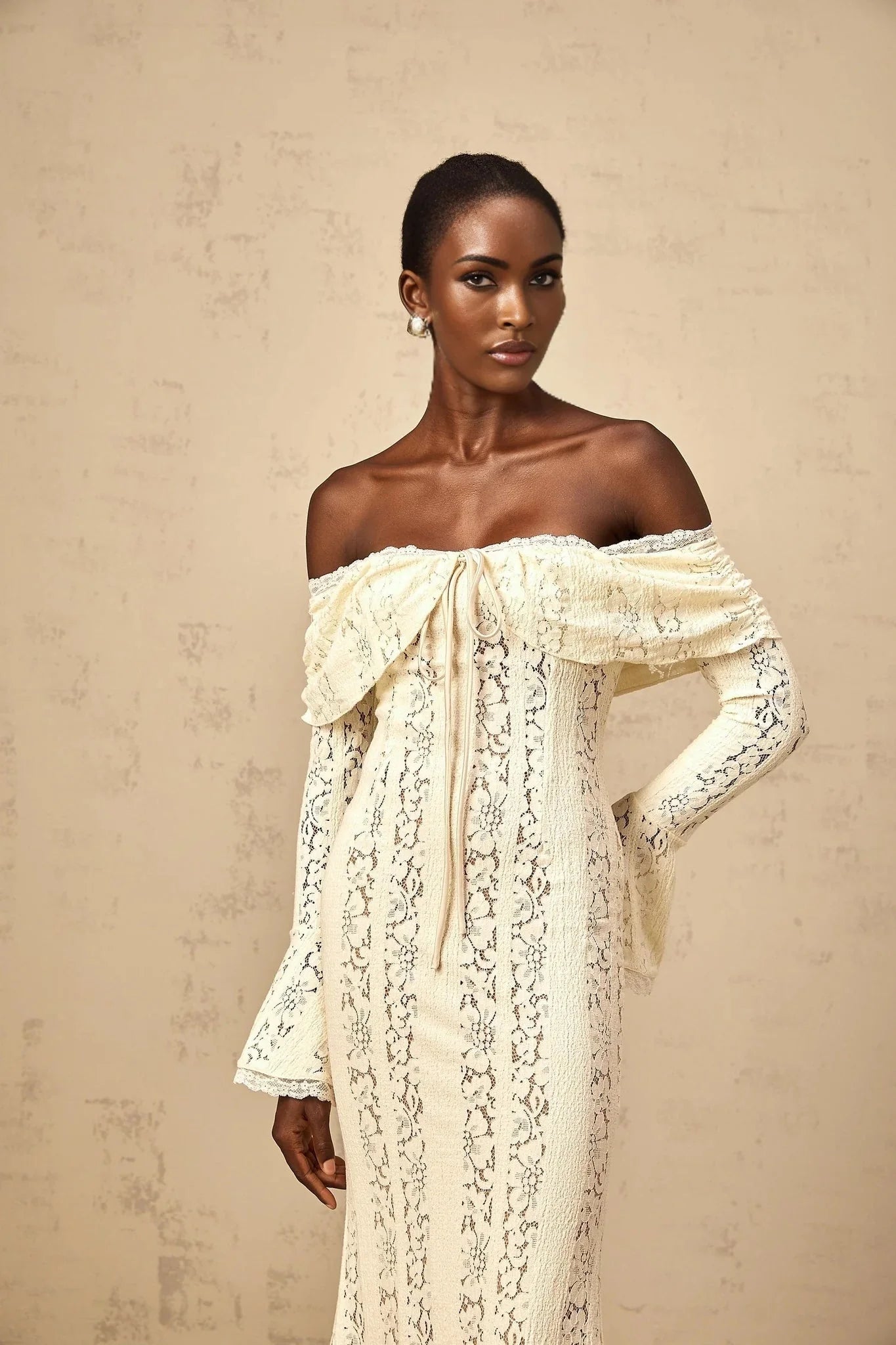 Lana Maxi Dress Floral Lace Train Design Neutrals