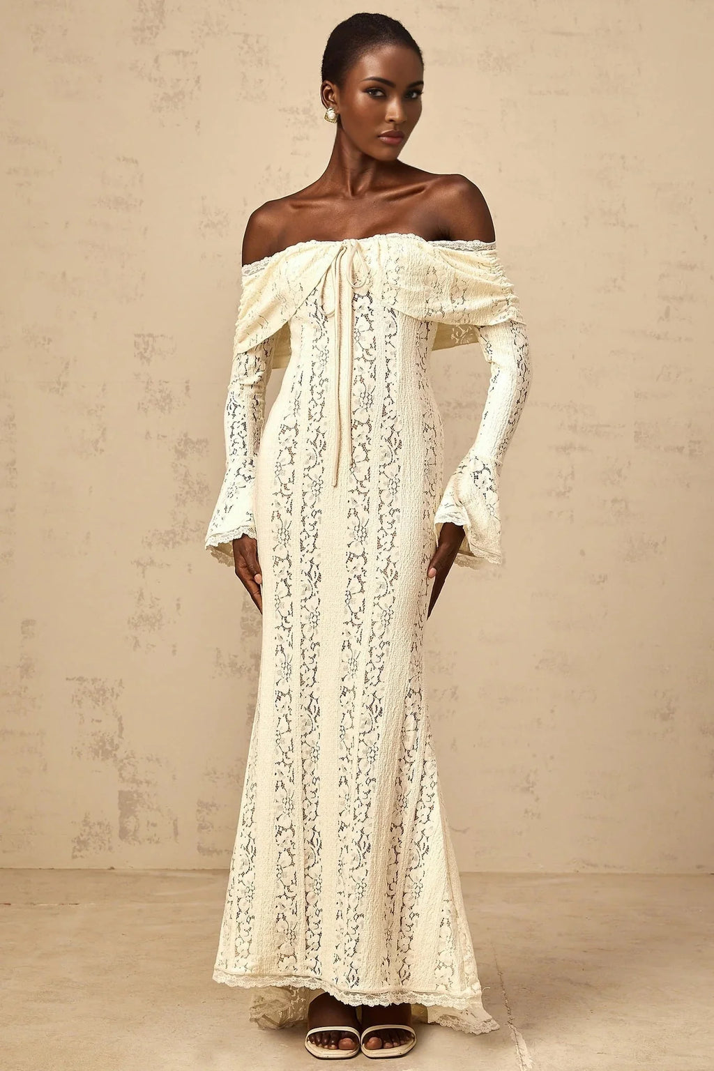 Lana Maxi Dress Floral Lace Train Design Neutrals