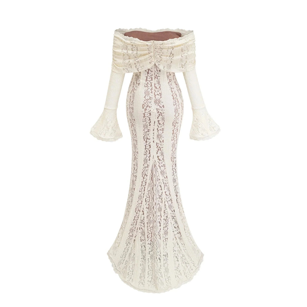 Lana Maxi Dress Floral Lace Train Design Neutrals