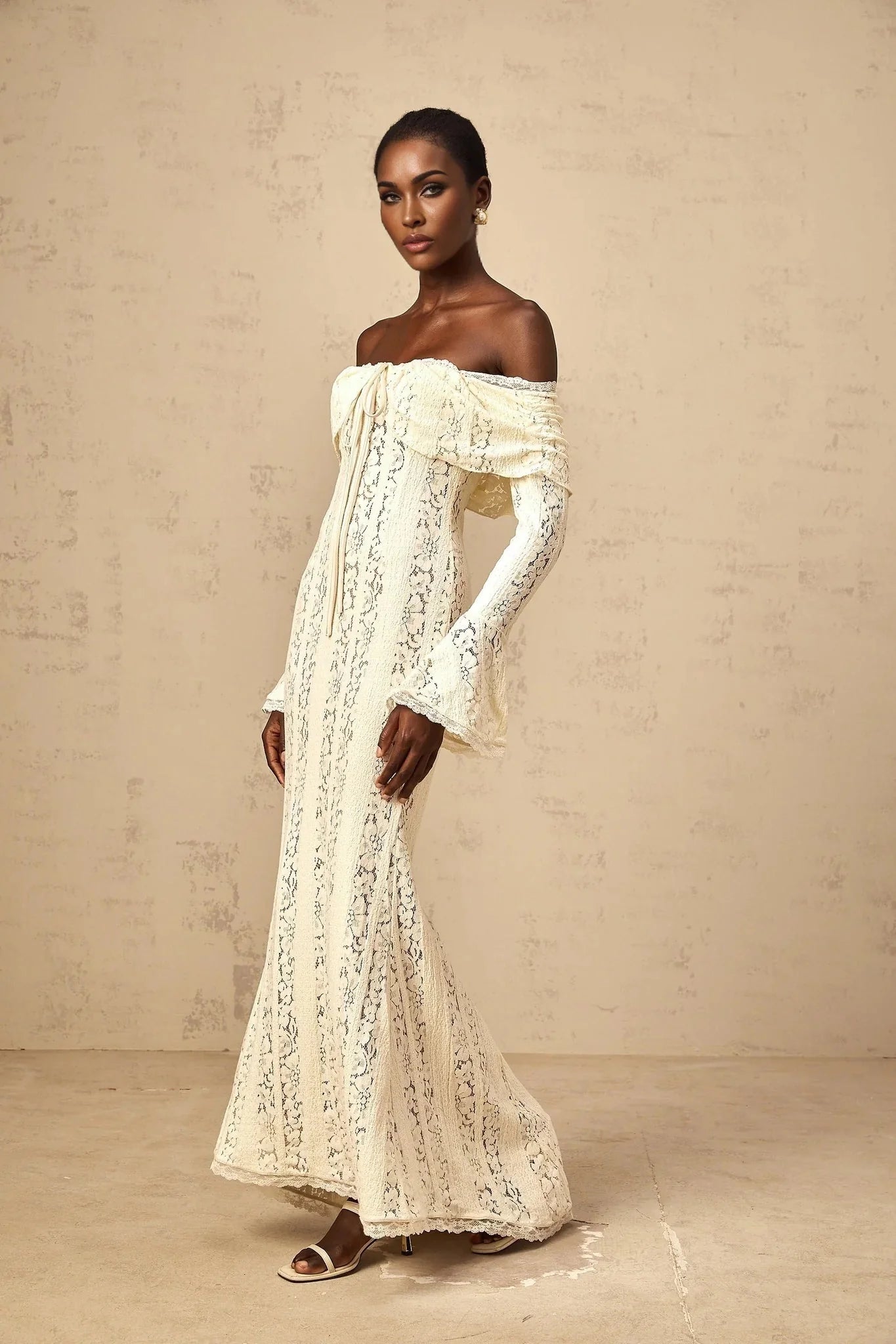 Lana Maxi Dress Floral Lace Train Design Neutrals