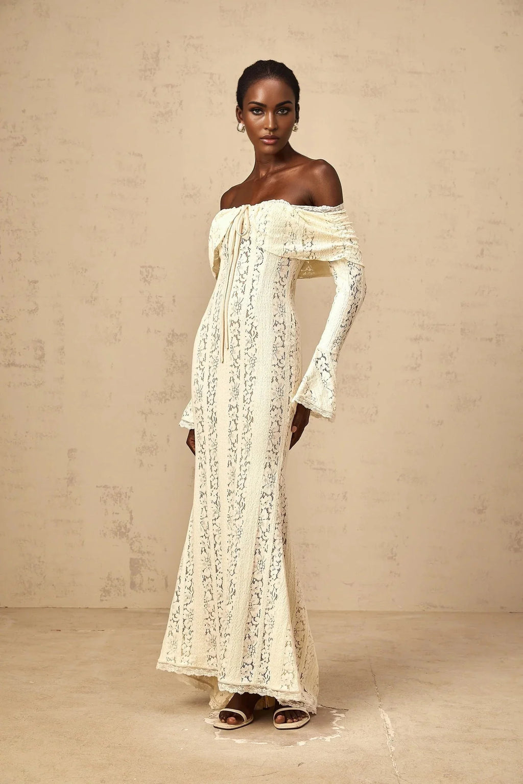 Lana Maxi Dress Floral Lace Train Design Neutrals