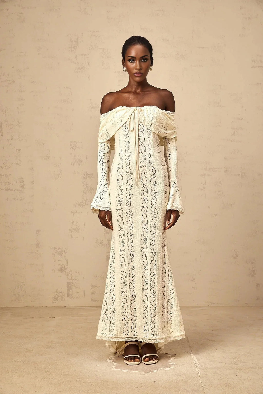 Lana Maxi Dress Floral Lace Train Design Neutrals