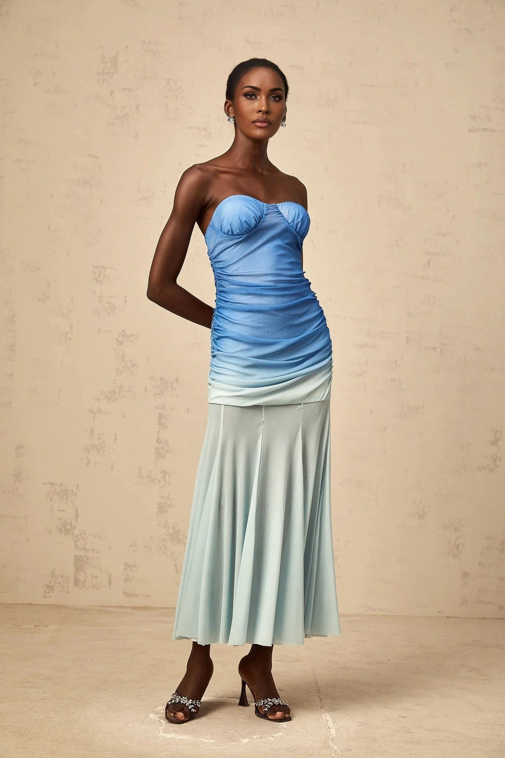 Lana Midi Dress Blue Mesh Gradient Flare & Ruched