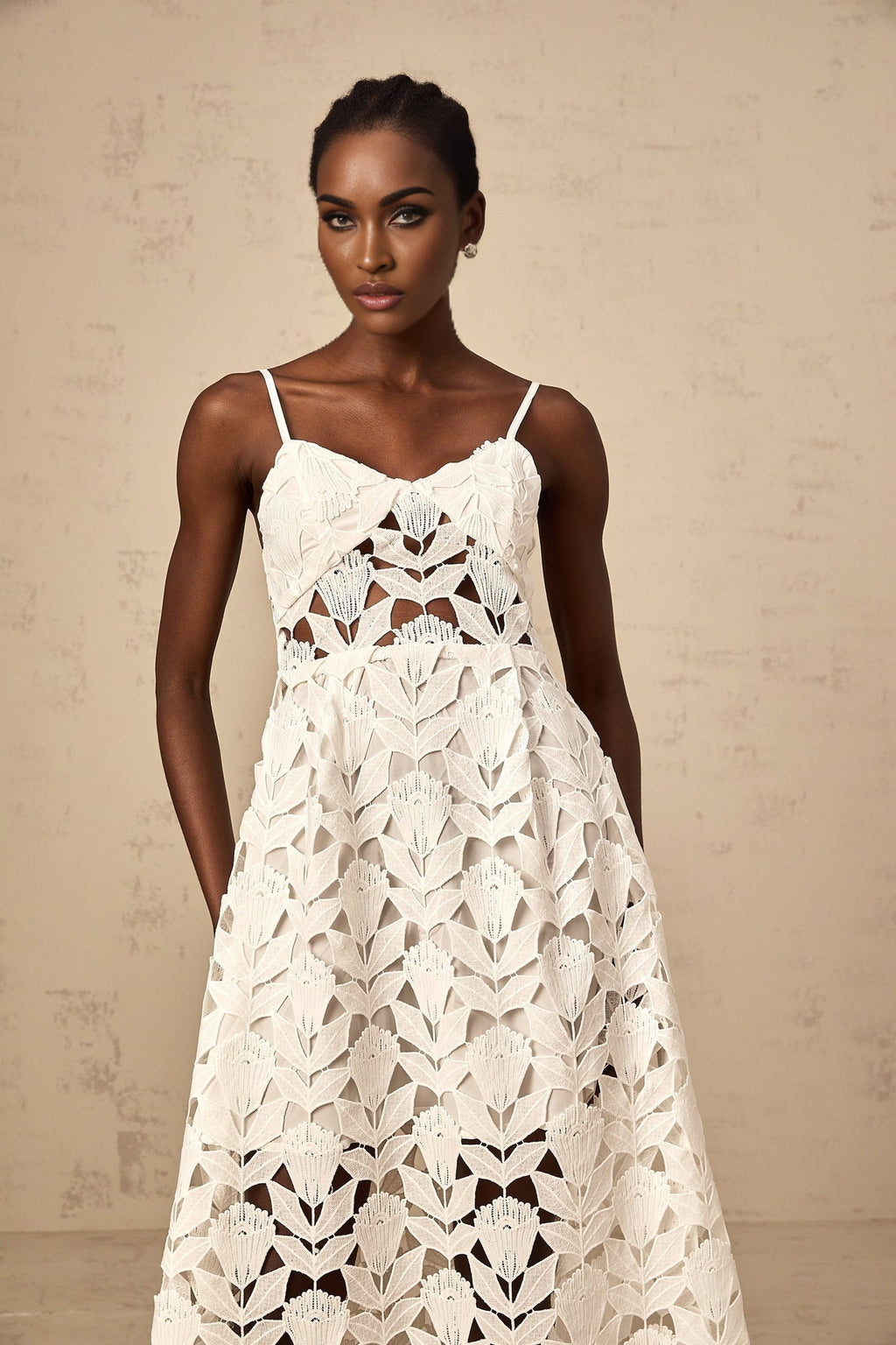 Lana Midi Dress - Bustier Style - Spaghetti Straps - Cut - Out Detailing - Guipure Lace Embellishment