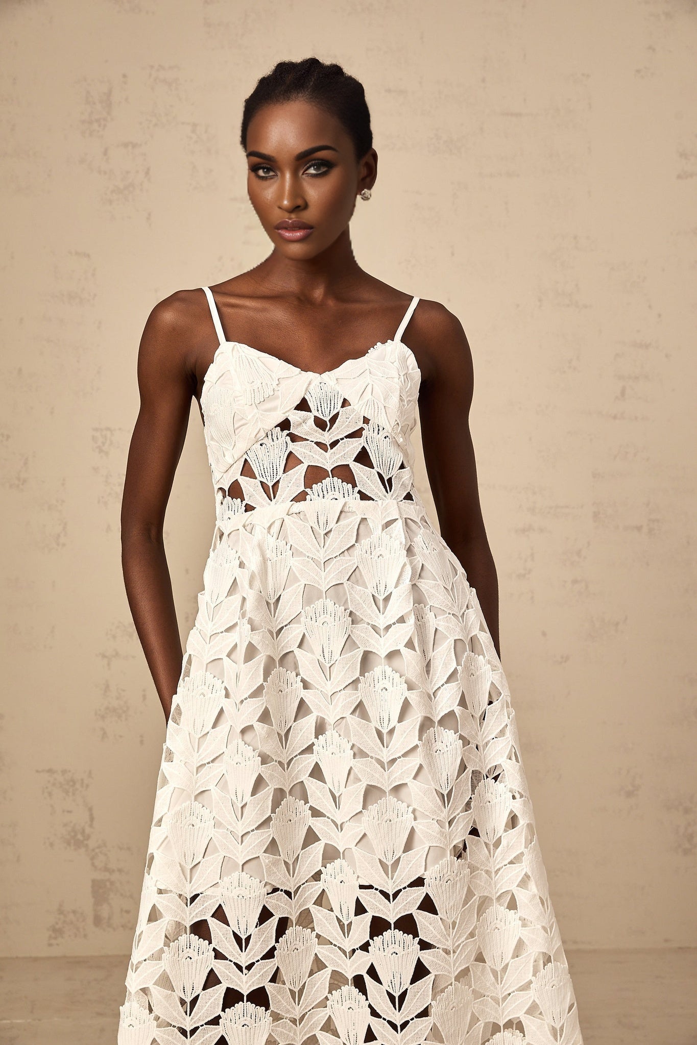 Lana Midi Dress - Bustier Style - Spaghetti Straps - Cut - Out Detailing - Guipure Lace Embellishment