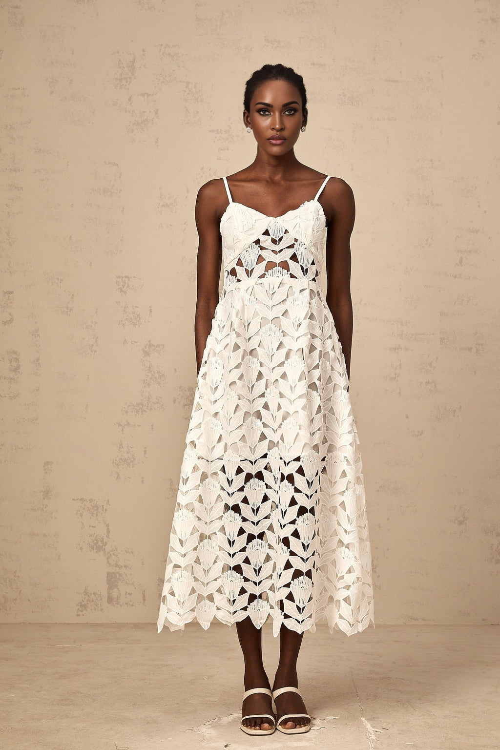Lana Midi Dress White Lace Bustier Spaghetti Straps Cutout Detail