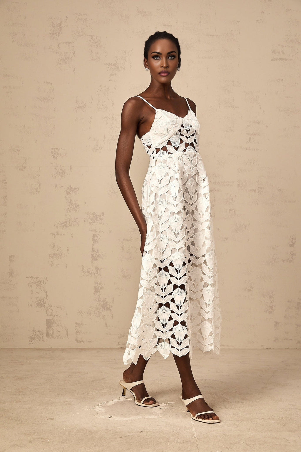 Lana Midi Dress White Lace Bustier Spaghetti Straps Cutout Detail