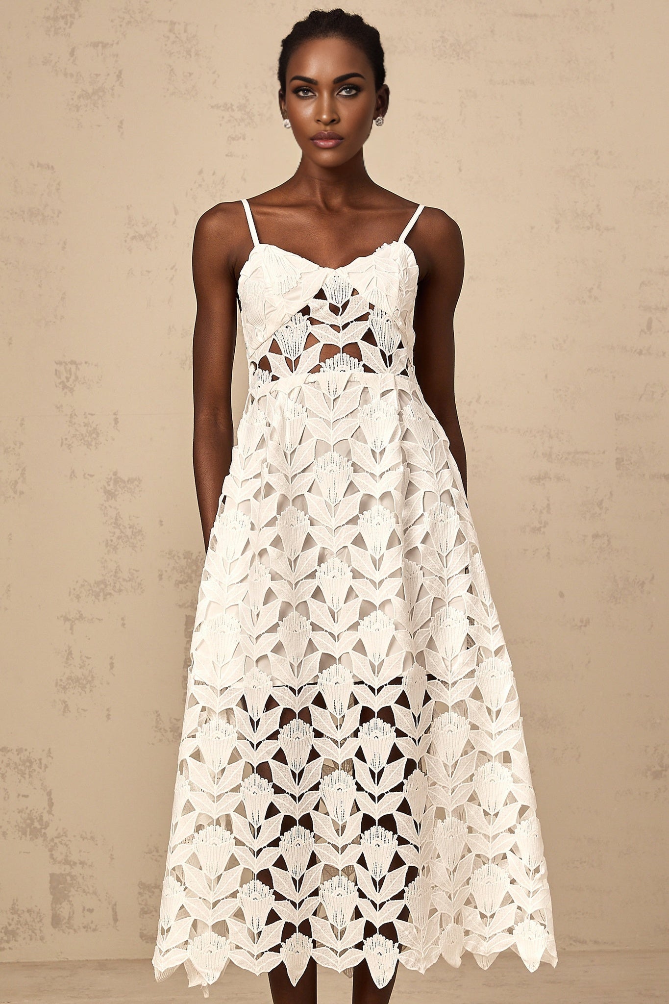 Lana Midi Dress White Lace Bustier Spaghetti Straps Cutout Detail