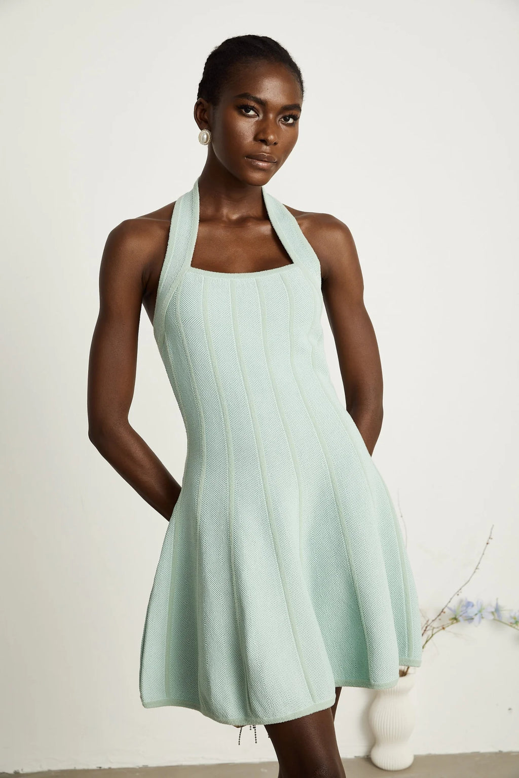 Lana Mini Dress Light Green Halter Flare Knit