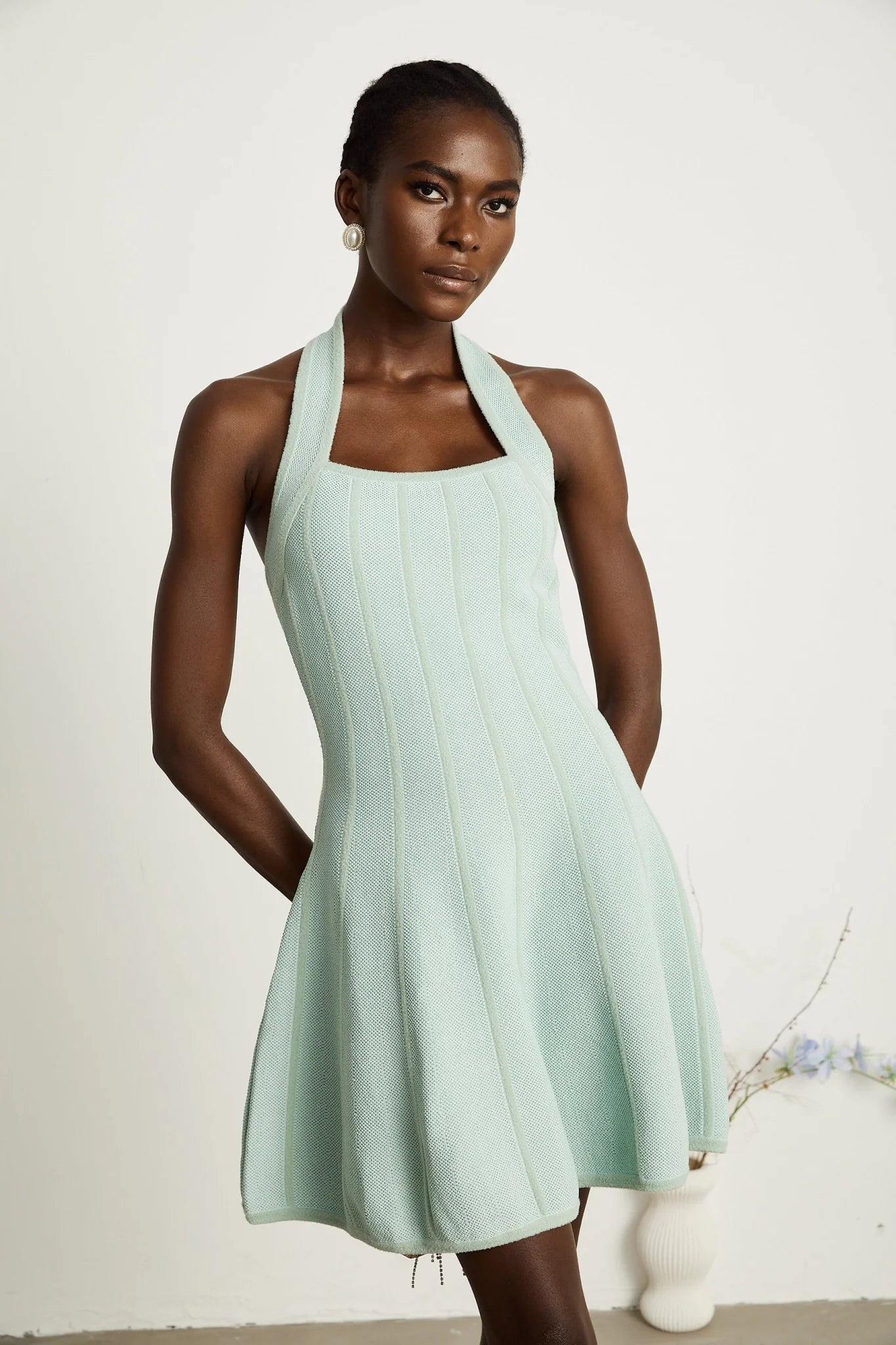 Lana Mini Dress Light Green Halter Flare Knit