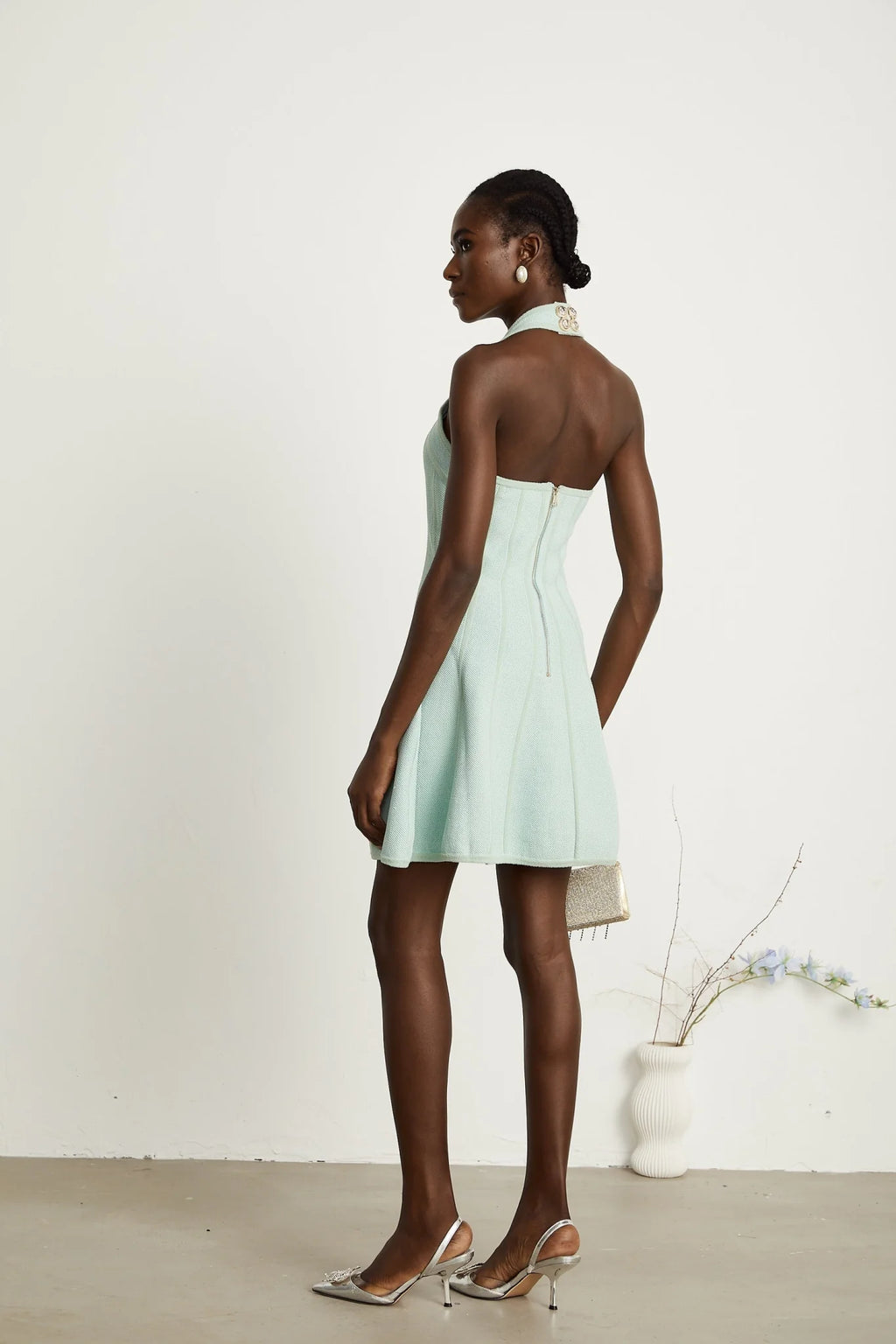 Lana Mini Dress Light Green Halter Flare Knit