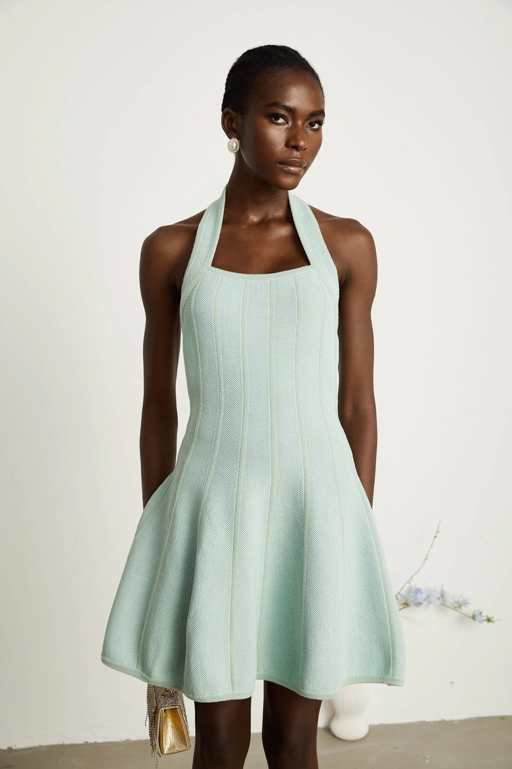 Lana Mini Dress Light Green Halter Flare Knit