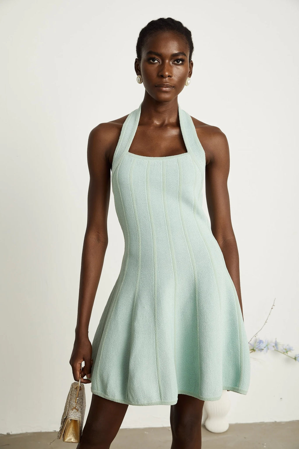 Lana Mini Dress Light Green Halter Flare Knit