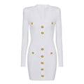 Lana Mini Dress - Tailored Fit - Blazer - Inspired Silhouette - Sculpting Bandage Fabric - Deep V - Neckline - Gold - Tone Buttons