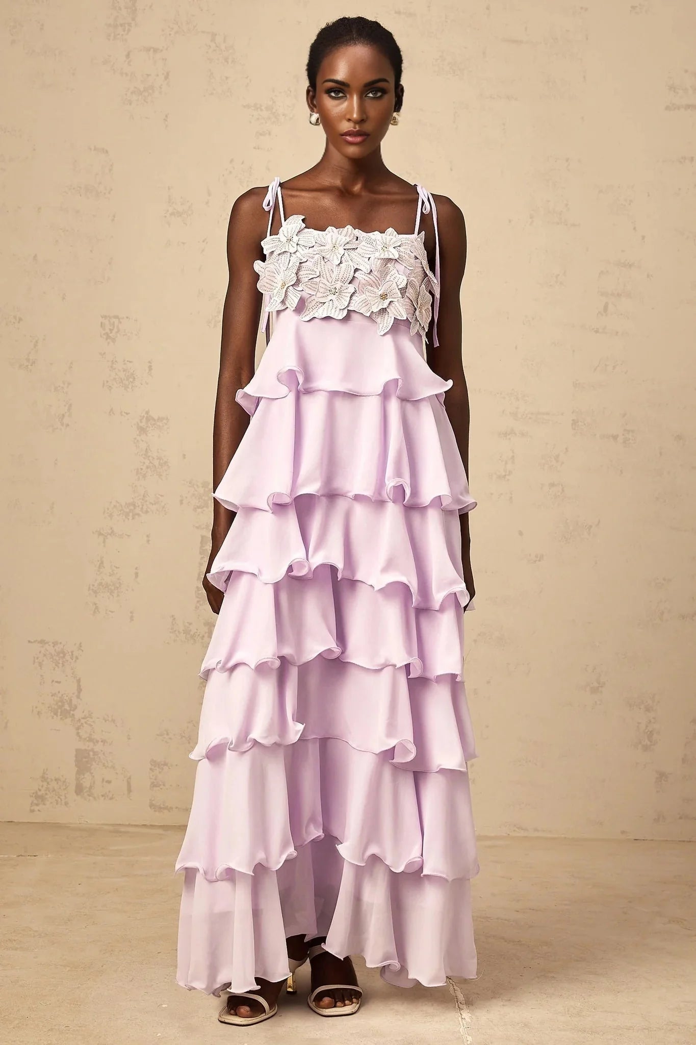 Landry Maxi Dress Purple Sequined 3D - Petal Tiered & Ruffled