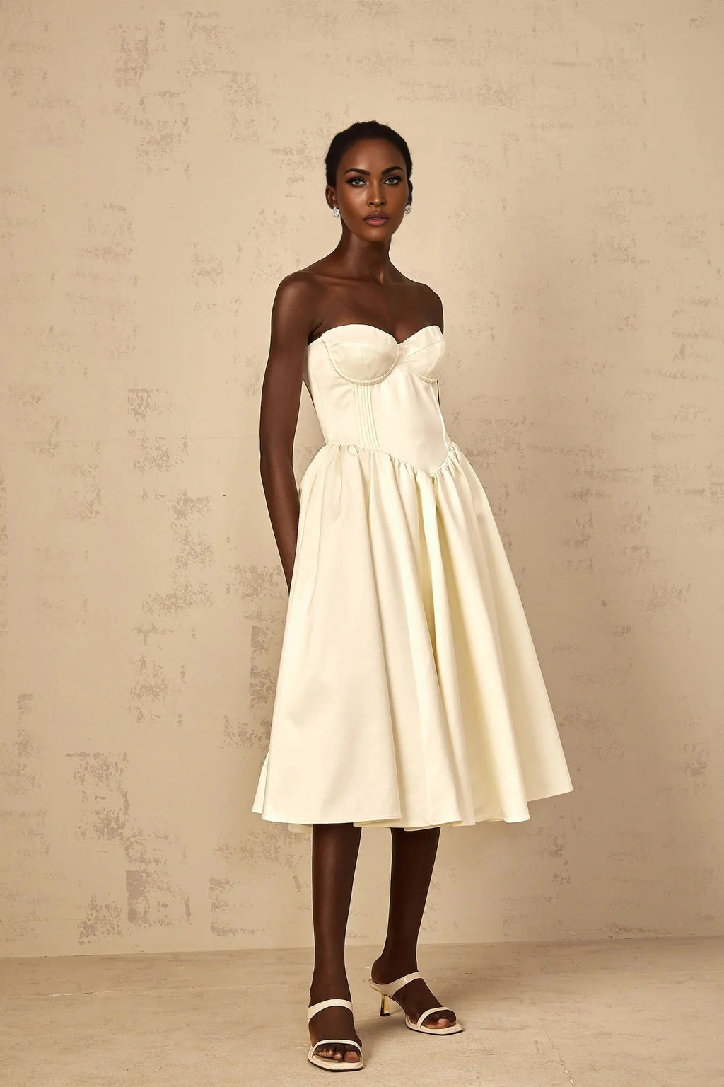 Landry Midi Dress Off - Shoulder Shirred White & Boned