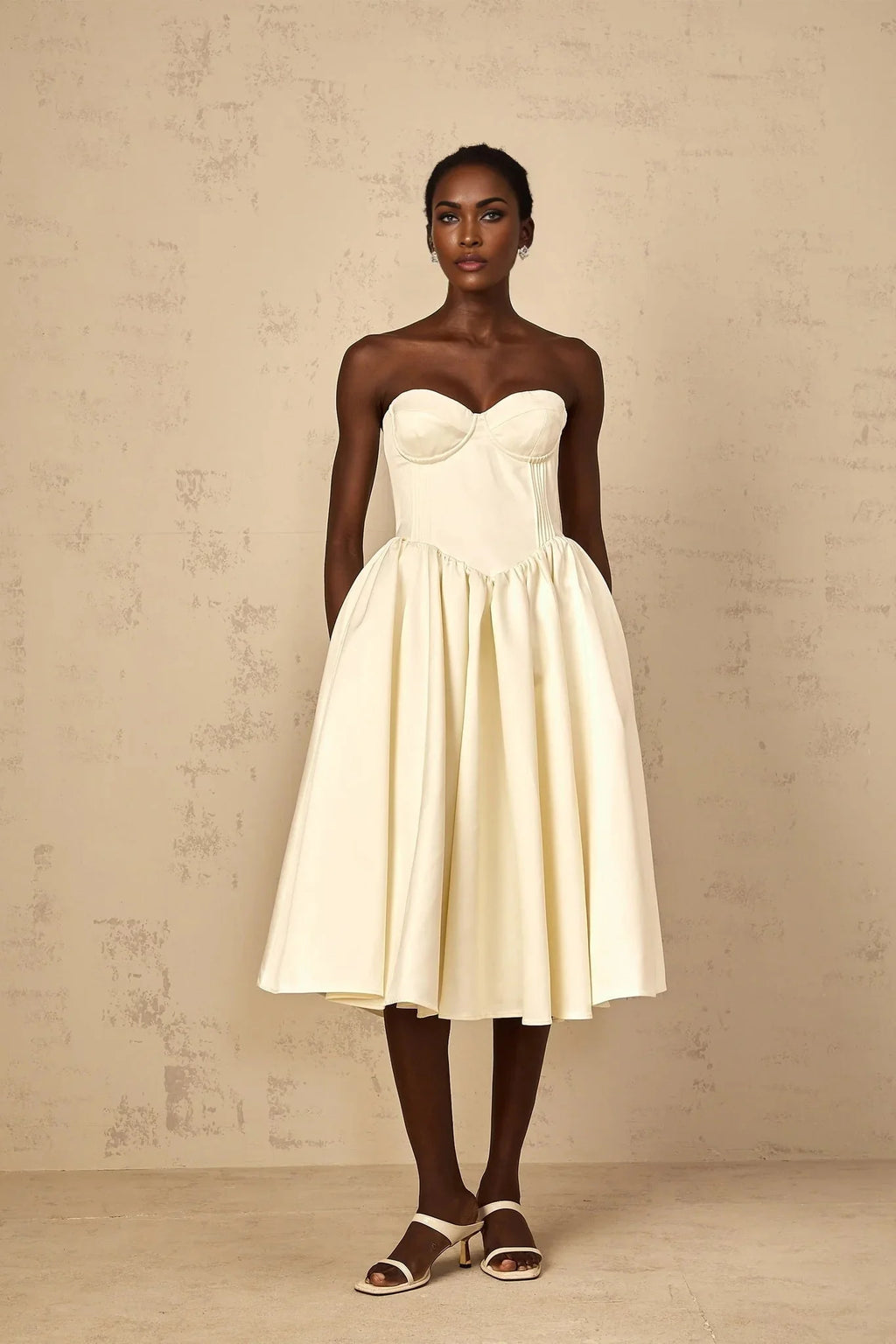Landry Midi Dress Off - Shoulder Shirred White & Boned