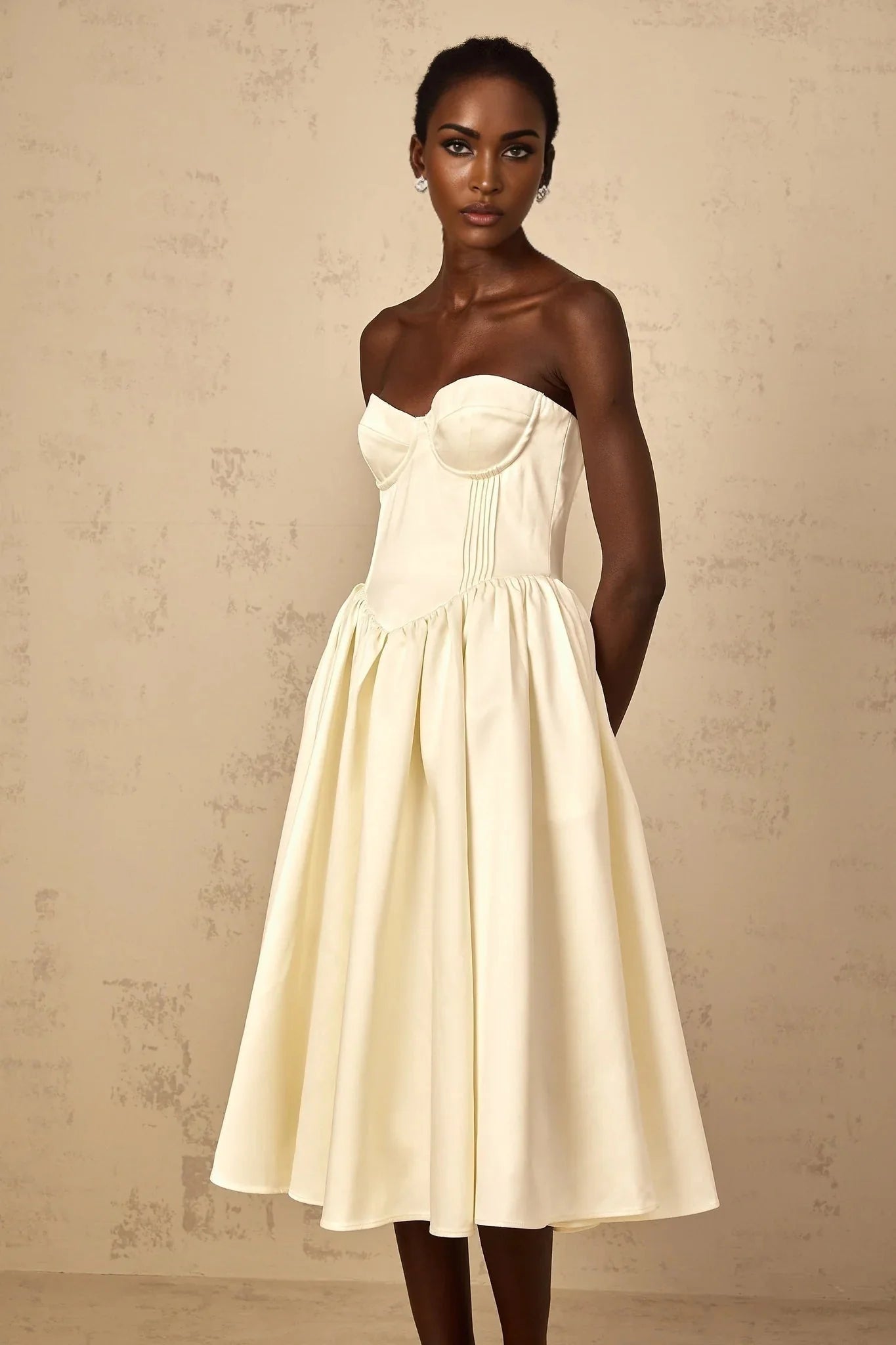 Landry Midi Dress Off - Shoulder Shirred White & Boned