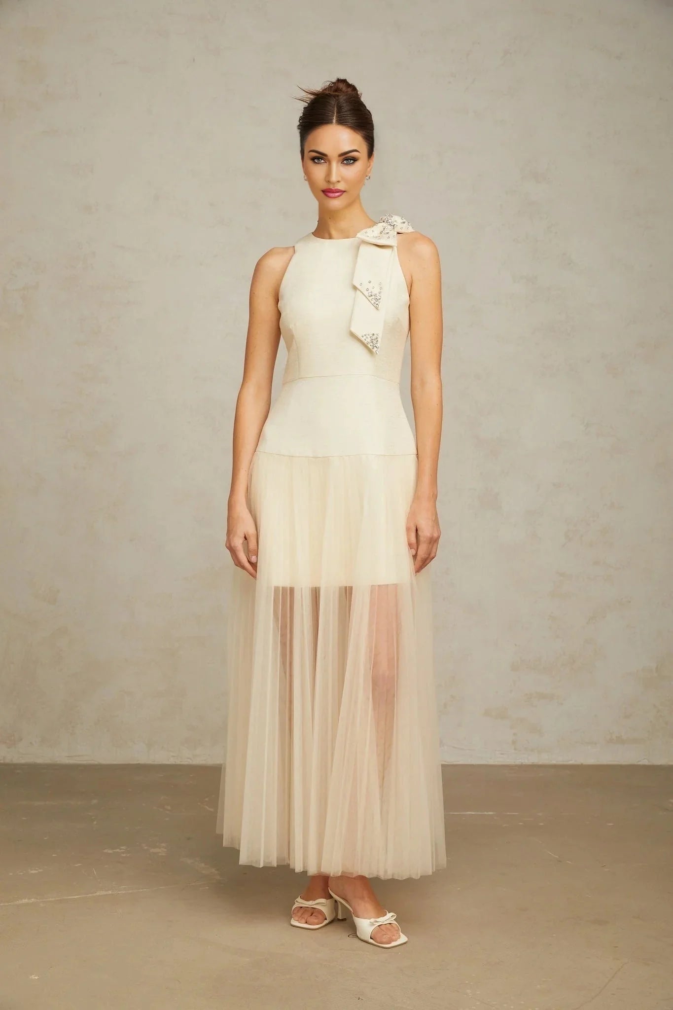 Landry Midi Dress White Tulle Bow Crystal Accent Zip Ankle - Length
