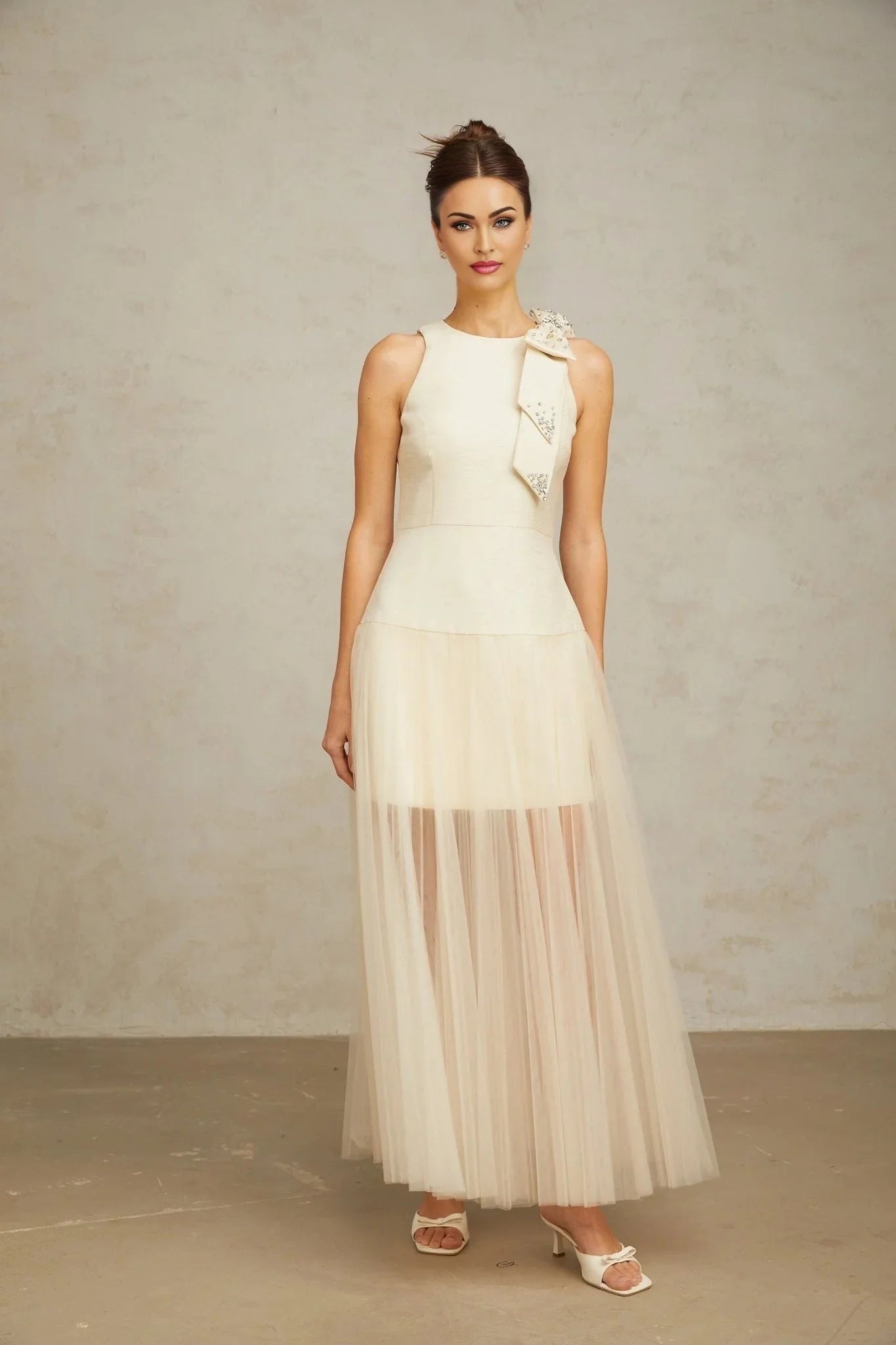 Landry Midi Dress White Tulle Bow Crystal Accent Zip Ankle - Length