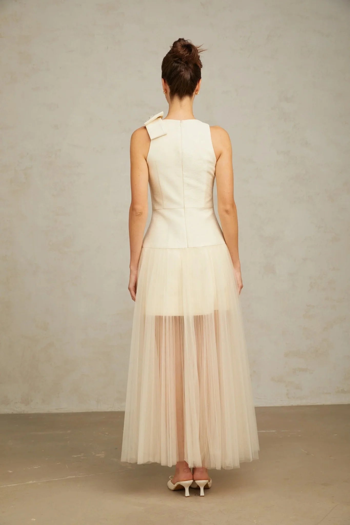 Landry Midi Dress White Tulle Bow Crystal Accent Zip Ankle - Length