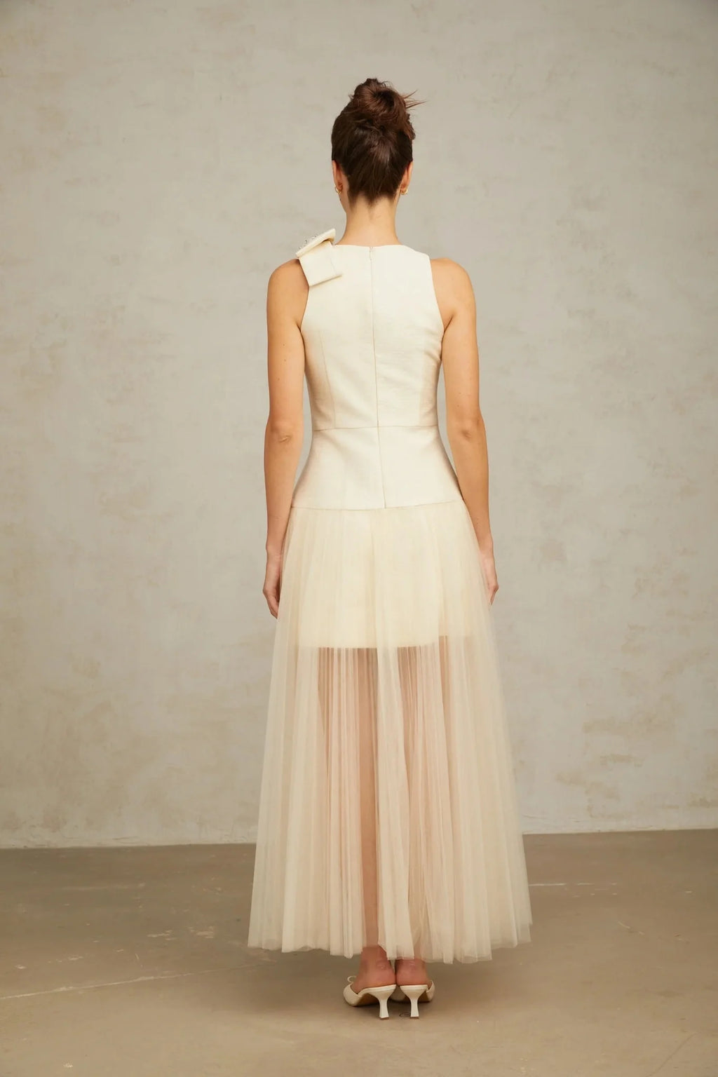 Landry Midi Dress White Tulle Bow Crystal Accent Zip Ankle - Length