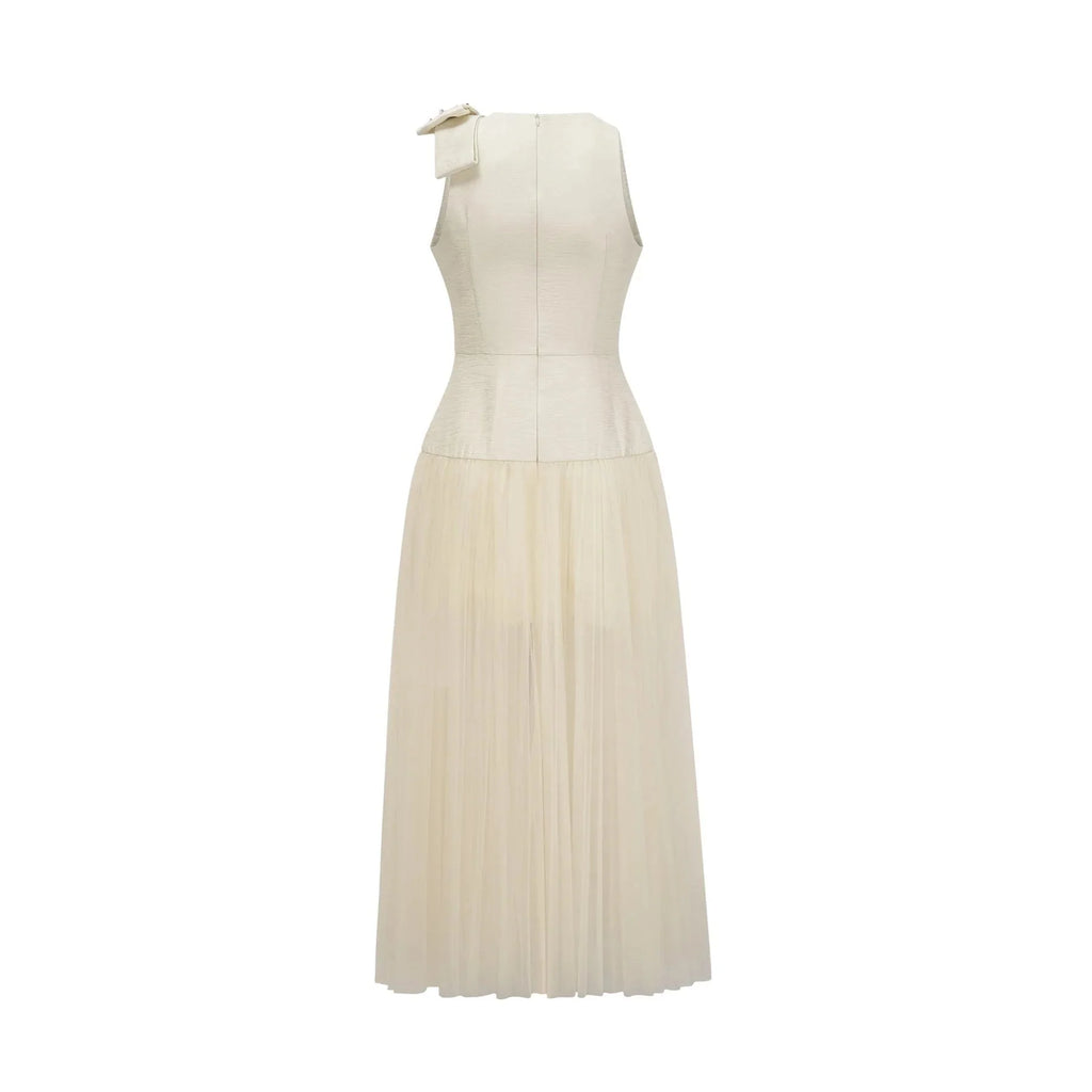 Landry Midi Dress White Tulle Bow Crystal Accent Zip Ankle - Length